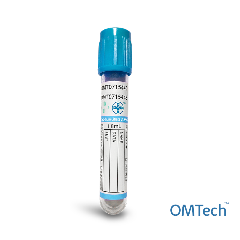 Пробірка вакуумна для забору крові "OMTech", з цитратом натрію 3,8%, стерильна, з блакитною кришкою, 1,8 мл, 13*75 мм RENJI MEDICAL